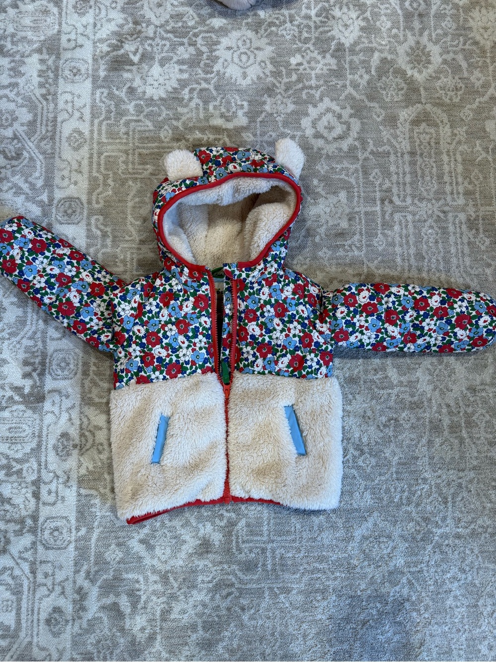 Baby Boden Floral Sherpa Hooded Jacket in Red, White, Blue